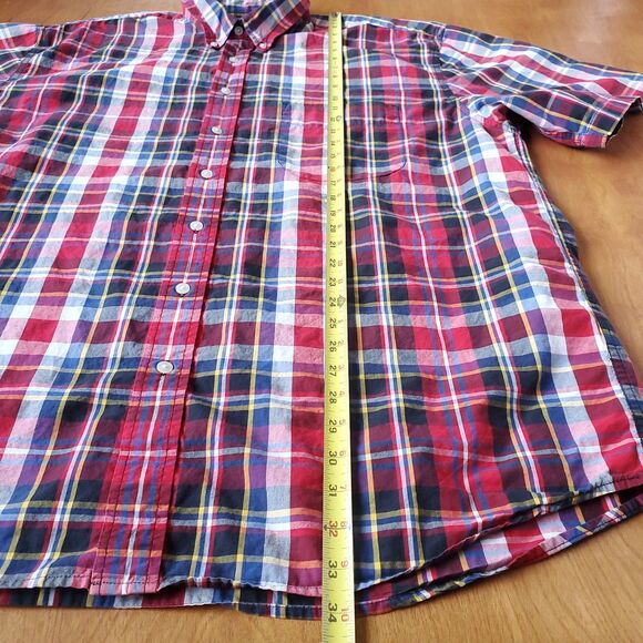 Eddie Bauer 100% Cotton Button Down Shirt XL Short Sleeve Red Plaid Dad Classic - Picture 7 of 8
